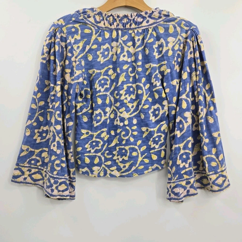 Free People Top On The Block Small Blue Cotton Batik Print Smocked Wide‎ Sleeve